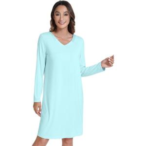 imageWiWi Viscose Made from Bamboo Nightgowns for Women Long Sleeve Satin V Neck Night shirt Soft Sleepshirt Sleepwear SXXLAqua