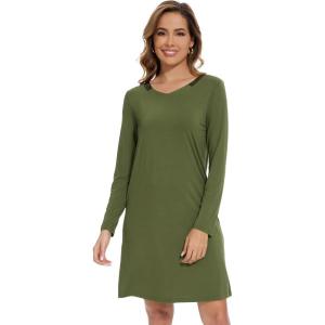 imageWiWi Viscose Made from Bamboo Nightgowns for Women Long Sleeve Satin V Neck Night shirt Soft Sleepshirt Sleepwear SXXLArmy Green