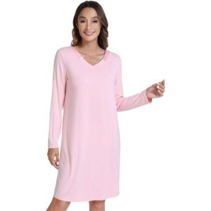 imageWiWi Viscose Made from Bamboo Nightgowns for Women Long Sleeve Satin V Neck Night shirt Soft Sleepshirt Sleepwear SXXLPink