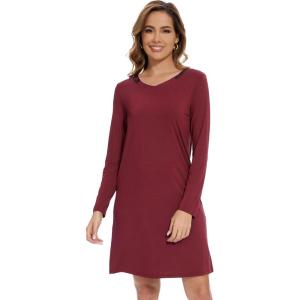 imageWiWi Viscose Made from Bamboo Nightgowns for Women Long Sleeve Satin V Neck Night shirt Soft Sleepshirt Sleepwear SXXLWine