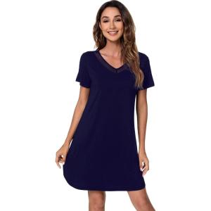 imageWiWi Viscose from Bamboo Nightgowns for Women Lightweight Casual Nightgown Short Sleeve Sleep Shirt Soft Summer Night SXXLCnavy