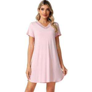 imageWiWi Viscose from Bamboo Nightgowns for Women Lightweight Casual Nightgown Short Sleeve Sleep Shirt Soft Summer Night SXXLCpink