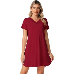imageWiWi Viscose from Bamboo Nightgowns for Women Lightweight Casual Nightgown Short Sleeve Sleep Shirt Soft Summer Night SXXLCwine Red