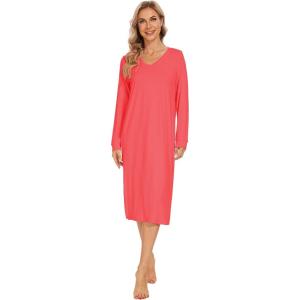 imageWiWi Viscose from Bamboo Nightgowns for Women Long Sleeve Nightgown Soft Pajamas Warm Sleepwear Dress Night Gowns SXXLCoral