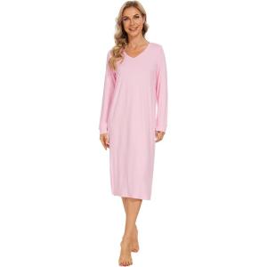 imageWiWi Viscose from Bamboo Nightgowns for Women Long Sleeve Nightgown Soft Pajamas Warm Sleepwear Dress Night Gowns SXXLPink
