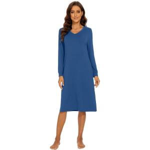 imageWiWi Viscose from Bamboo Nightgowns for Women Long Sleeve Nightgown Soft Pajamas Warm Sleepwear Dress Night Gowns SXXLPrussian Blue