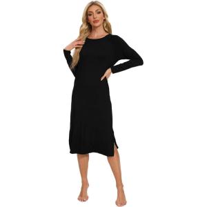 imageWiWi Womens Long Nightgowns Longsleeved Crew Neck Lightweight Sleepwear Viscose from Bamboo SXXLBlack