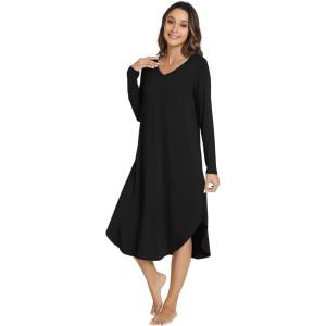 imageWiWi Womens Long Sleeve Nightgowns Lightweight Crew Neck Sleepwear With Pockets Viscose from Bamboo SXXLBlack