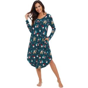 imageWiWi Womens Long Sleeve Nightgowns Lightweight Crew Neck Sleepwear With Pockets Viscose from Bamboo SXXLChristmas Elk on Green