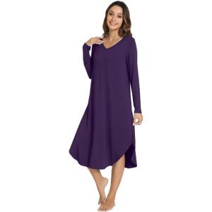 imageWiWi Womens Long Sleeve Nightgowns Lightweight Crew Neck Sleepwear With Pockets Viscose from Bamboo SXXLDark Purple