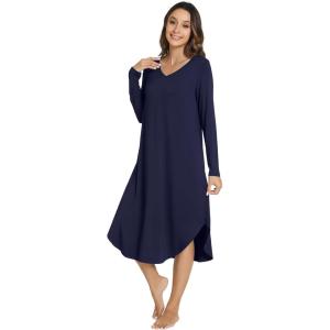 imageWiWi Womens Long Sleeve Nightgowns Lightweight Crew Neck Sleepwear With Pockets Viscose from Bamboo SXXLNavy