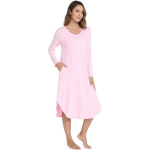 imageWiWi Womens Long Sleeve Nightgowns Lightweight Crew Neck Sleepwear With Pockets Viscose from Bamboo SXXLPink