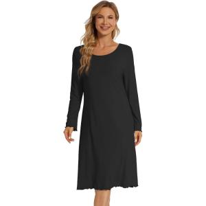 imageWiWi Womens Long Sleeve Nightgowns Scoop Neck Sleepwear Sleep Dress Bamboo Viscose Comfy Sleep Pjs Gowns SXXLBlack