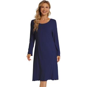 imageWiWi Womens Long Sleeve Nightgowns Scoop Neck Sleepwear Sleep Dress Bamboo Viscose Comfy Sleep Pjs Gowns SXXLNavy
