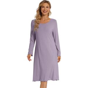 imageWiWi Womens Long Sleeve Nightgowns Scoop Neck Sleepwear Sleep Dress Bamboo Viscose Comfy Sleep Pjs Gowns SXXLViolet