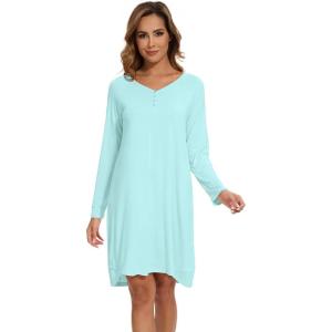 imageWiWi Womens Long Sleeve Viscose from Bamboo Nightgowns Soft Sleep Shirt V Neck Night Dress Button Down Nightshirt SXXLAqua