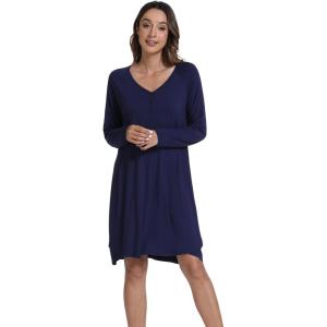 imageWiWi Womens Long Sleeve Viscose from Bamboo Nightgowns Soft Sleep Shirt V Neck Night Dress Button Down Nightshirt SXXLNavy