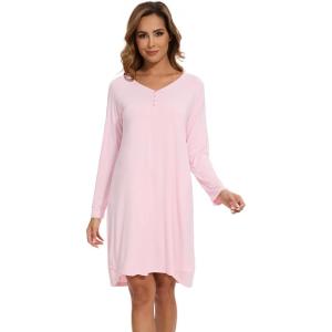 imageWiWi Womens Long Sleeve Viscose from Bamboo Nightgowns Soft Sleep Shirt V Neck Night Dress Button Down Nightshirt SXXLPink