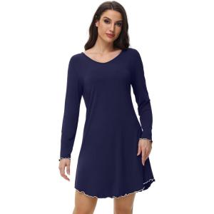 imageWiWi Womens Nightgown Sleepwear Soft Sleepshirt Long Sleeve Nightshirt Pajama DressViscose from Bamboo SXXLNavy
