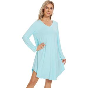 imageWiWi Womens Nightgowns Viscose from Bamboo Long Sleeve Nightshirt V Neck Soft Sleepwear Nightwear Sleep Dress SXXLAqua