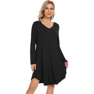 imageWiWi Womens Nightgowns Viscose from Bamboo Long Sleeve Nightshirt V Neck Soft Sleepwear Nightwear Sleep Dress SXXLBlack