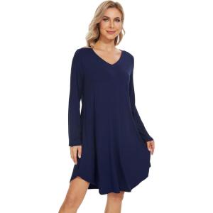 imageWiWi Womens Nightgowns Viscose from Bamboo Long Sleeve Nightshirt V Neck Soft Sleepwear Nightwear Sleep Dress SXXLNavy