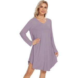 imageWiWi Womens Nightgowns Viscose from Bamboo Long Sleeve Nightshirt V Neck Soft Sleepwear Nightwear Sleep Dress SXXLViolet