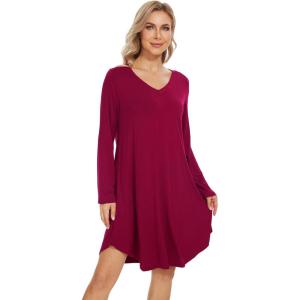 imageWiWi Womens Nightgowns Viscose from Bamboo Long Sleeve Nightshirt V Neck Soft Sleepwear Nightwear Sleep Dress SXXLWine