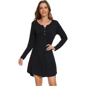 imageWiWi Womens Viscose from Bamboo Nightgown Long Sleeve Nightshirt Soft Sleep Dress Vneck Loose Comfy Pajama Sleepwear SXXLBlack