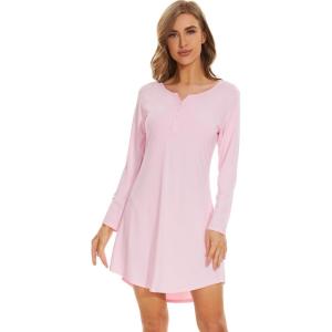 imageWiWi Womens Viscose from Bamboo Nightgown Long Sleeve Nightshirt Soft Sleep Dress Vneck Loose Comfy Pajama Sleepwear SXXLPink