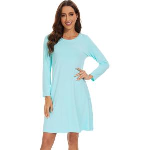 imageWiWi Womens Viscose from Bamboo Nightgowns Long Sleeve Crewneck Sleepshirts Casual Loose Gown Soft Sleep Shirt SXXLAaqua