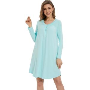imageWiWi Womens Viscose from Bamboo Nightgowns Long Sleeve Warm Nighties Sleepshirts Loose Vneck Sleepwar Pjs Dress SXXLAqua