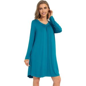 imageWiWi Womens Viscose from Bamboo Nightgowns Long Sleeve Warm Nighties Sleepshirts Loose Vneck Sleepwar Pjs Dress SXXLDark Teal