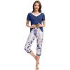 imageWiWi Viscose from Bamboo Pajamas Set for Women Soft Short Sleeve Tops Capri Pants Sleepwear Plus Size Pjs Sets S3XBblue Depth Flower