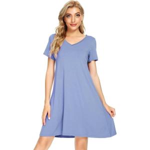 imageWiWi Bamboo Nightgowns for Women Soft Night Shirt Sleepwear Short Sleeve Lightweight Plus Size Sleepshirts S4XAfog Blue
