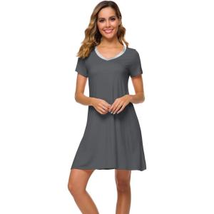 imageWiWi Bamboo Nightgowns for Women Soft Night Shirt Sleepwear Short Sleeve Lightweight Plus Size Sleepshirts S4XAiron Grey