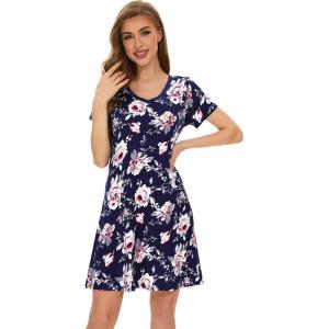 imageWiWi Bamboo Nightgowns for Women Soft Night Shirt Sleepwear Short Sleeve Lightweight Plus Size Sleepshirts S4XAnavyPeony