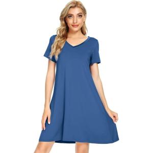 imageWiWi Bamboo Nightgowns for Women Soft Night Shirt Sleepwear Short Sleeve Lightweight Plus Size Sleepshirts S4XAprussian Blue