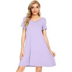 imageWiWi Bamboo Nightgowns for Women Soft Night Shirt Sleepwear Short Sleeve Lightweight Plus Size Sleepshirts S4XAtaro Purple