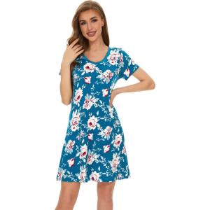 imageWiWi Bamboo Nightgowns for Women Soft Night Shirt Sleepwear Short Sleeve Lightweight Plus Size Sleepshirts S4XAteal BluePeony