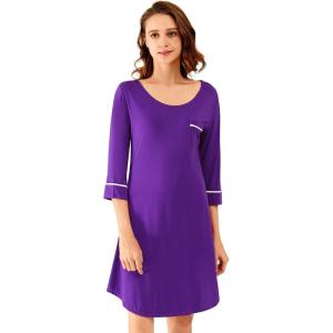 imageWiWi Bamboo Viscose Nightgowns for Women 34 Sleeve Nightshirts Sleep Shirt Plus Size Sleepwear Pajamas Dress S4XAlilac