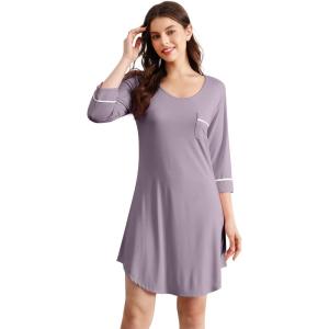 imageWiWi Bamboo Viscose Nightgowns for Women 34 Sleeve Nightshirts Sleep Shirt Plus Size Sleepwear Pajamas Dress S4XAviolet