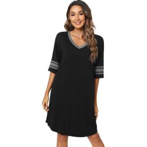 imageWiWi Bamboo Viscose Nightgowns for Women 34 Sleeve Nightshirts Sleep Shirt Plus Size Sleepwear Pajamas Dress S4XCblackDark Heather Grey