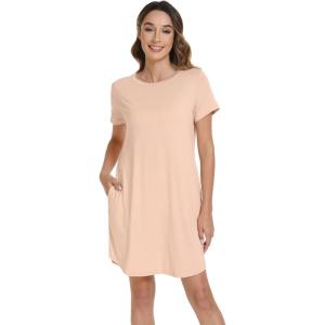 imageWiWi Bamboo Viscose Nightgowns for Women Short Sleeve Pajama Dress Summer Night Shirts with Nightshirt SXXLBeige