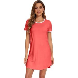 imageWiWi Bamboo Viscose Nightgowns for Women Short Sleeve Vneck Nightshirt Loose Comfy Pajama Dress SXXLCoral