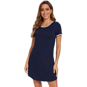 imageWiWi Bamboo Viscose Nightgowns for Women Short Sleeve Vneck Nightshirt Loose Comfy Pajama Dress SXXLNavy