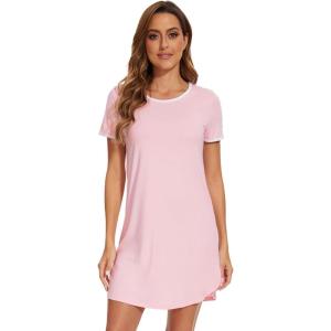 imageWiWi Bamboo Viscose Nightgowns for Women Short Sleeve Vneck Nightshirt Loose Comfy Pajama Dress SXXLPink