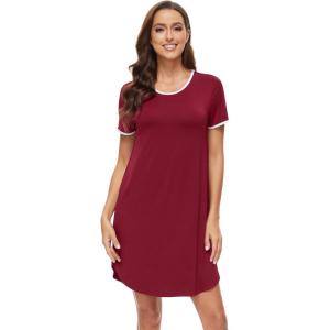 imageWiWi Bamboo Viscose Nightgowns for Women Short Sleeve Vneck Nightshirt Loose Comfy Pajama Dress SXXLWine