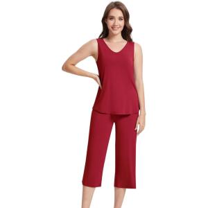 imageWiWi Capri Pajama Set for Women Soft Sleeveless Pajamas Vneck Lounge Sets Bamboo Viscose Sleepwear PJ SXXLWine Red