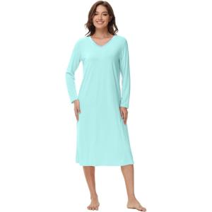 imageWiWi Nightgowns for Women Long Sleeve Night shirt Soft Sleepshirt Satin V Neck SleepwearViscose Made from Bamboo SXXLAqua